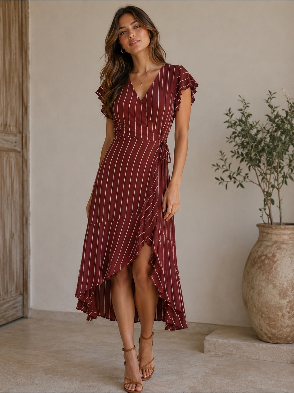 Abercrombie & Fitch Burgundy Striped Wrap High-Low Dress | Small